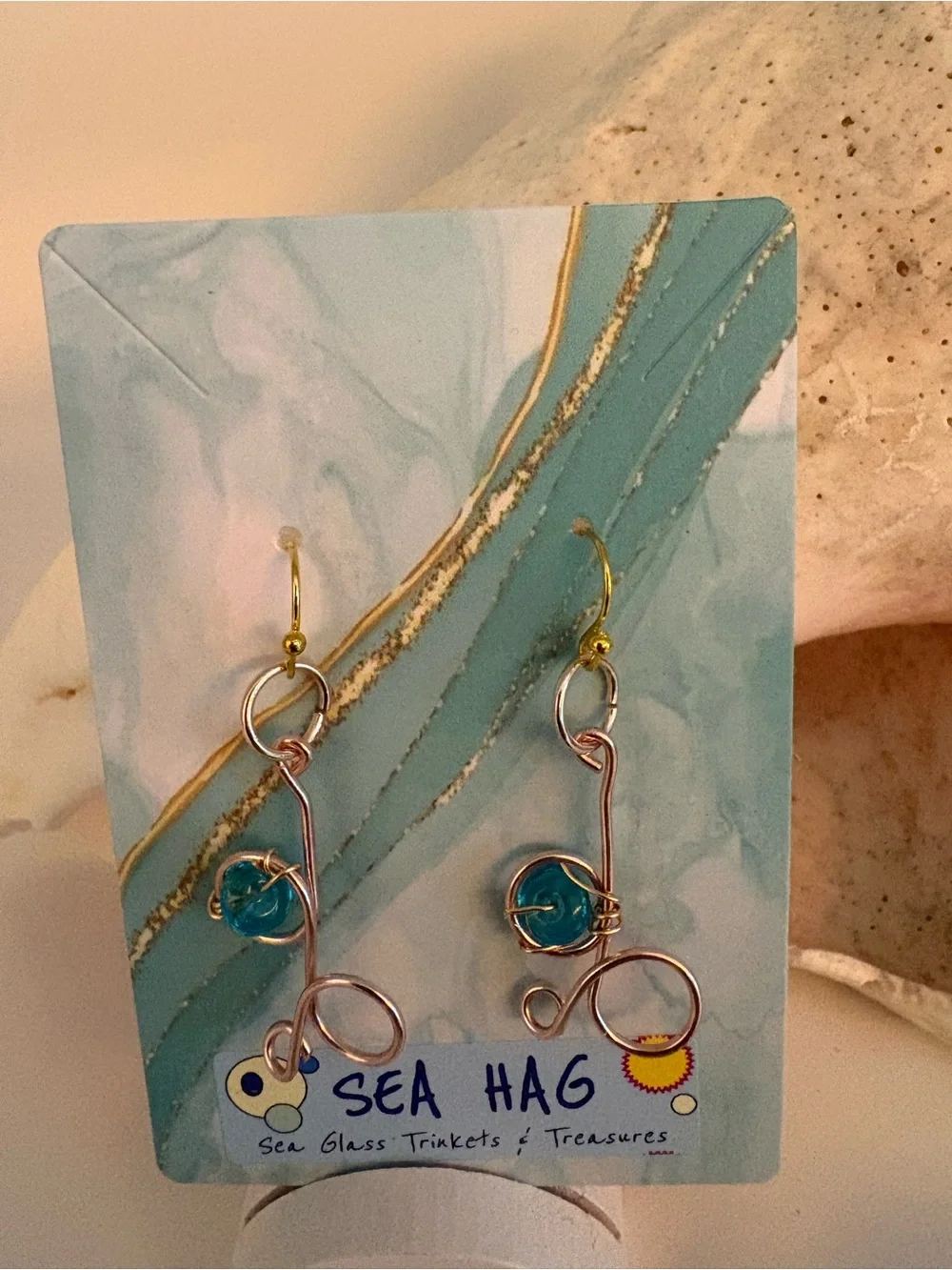 Sea Hag Wire Wrapped Sea Glass Earrings - Turquoise & Rose Gold